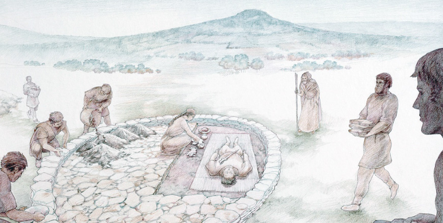 Évocation du tumulus 1 de Roumagnac à Sévérac-le-Château, Aveyron Évocation du tumulus 1 de Roumagnac à Sévérac-le-Château, Aveyron (aquarelle de P.-Y. Videlier)