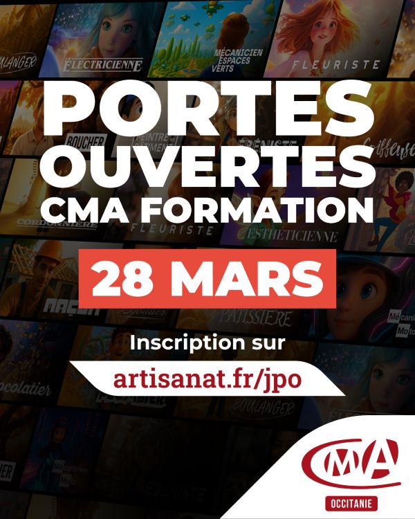 Portes ouvertes CMA formation 28 mars 2026 inscription sur artisanat.de/jpo cma occitanie