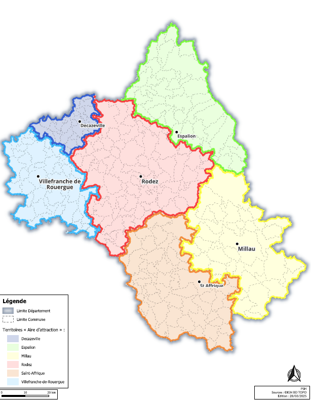 Aveyron découpé en 6 territoires autour d'Espalion, de Rodez, de Decazeville, de Villefranche-de-Rouergue, Saint-Affrique et Millau