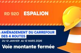 RD 920 | ESPALION AMÉNAGEMENT DU CARREFOUR DES 4 ROUTES - DU 12 JANVIER AU 12 MARS 2025 - Voie montante fermée